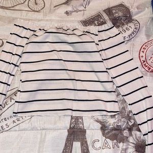 off the shoulder black and white stripe blouse
